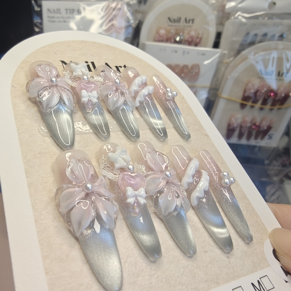 3D Pink Flower and Bow Tie Handmade Press-on Long Nail Set - Picture 6 of 11